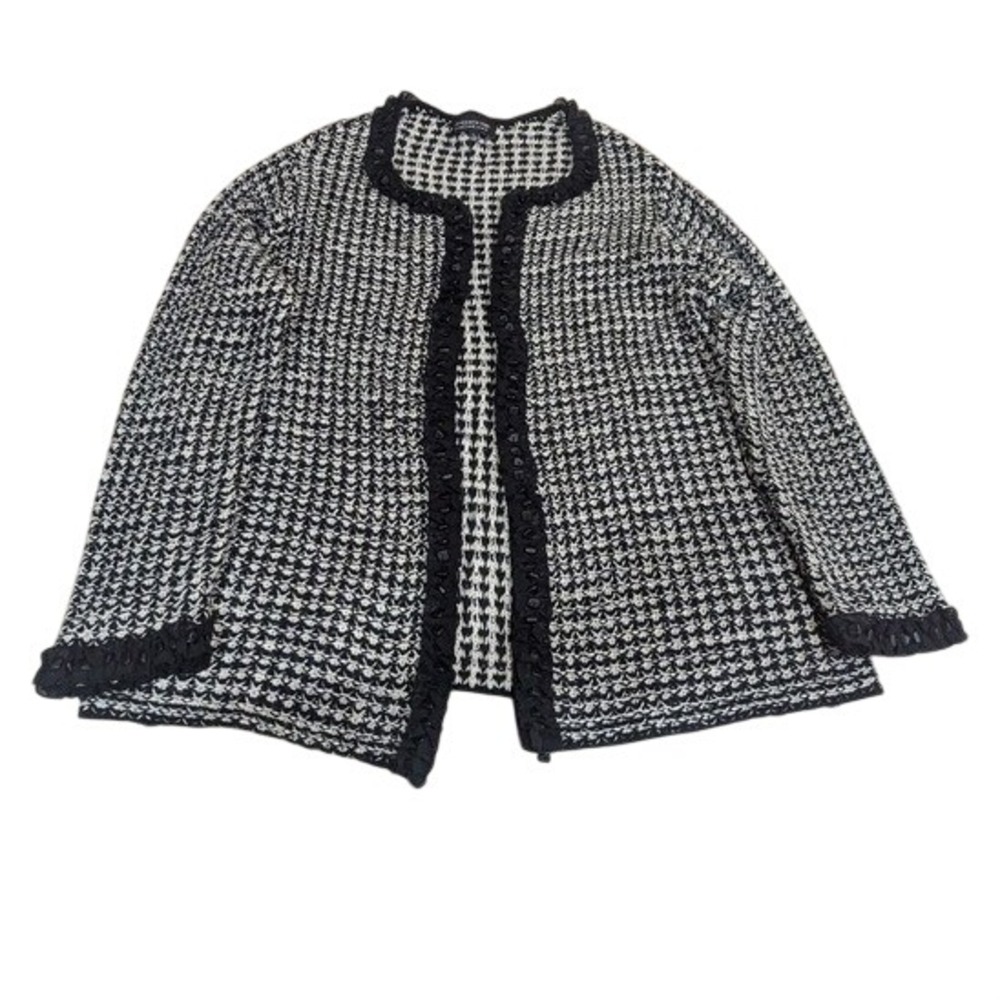 Jones New York Cardigan Black White Knit Ruffle Trim 1X Career Work Office
